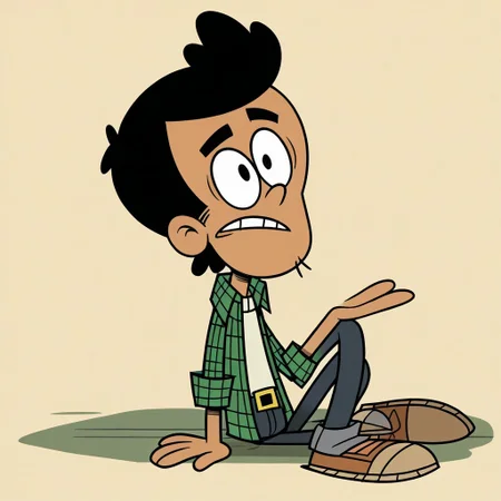 flat colors, no shading, score_9, cartoon source, toon source, 2d, Solo, 1boy, Bobby Santiago, black eyes, cartoon style, short black hair, tan skin, slim, athletic build, skinny, stubble,