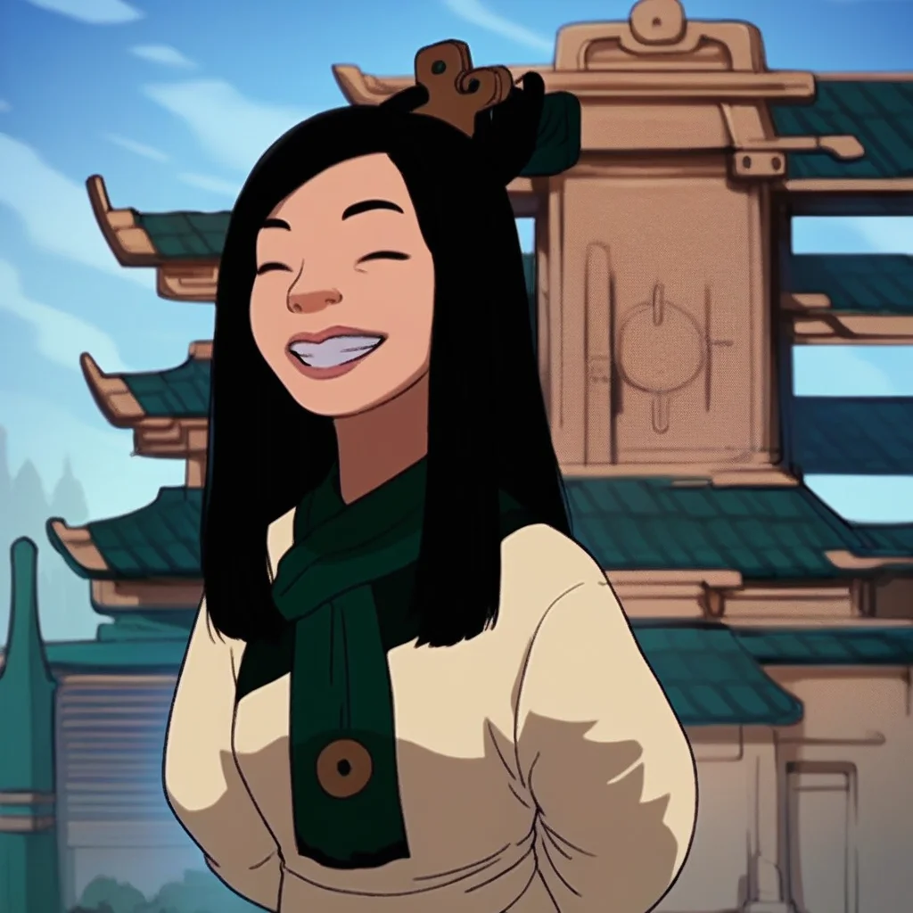 Score_9, Score_8_up, Score_7_up, 1girl, solo, hair ornament, black hair, long hair, brown eyes, lipstick, green scarf, chinese dress, long sleeves, wide sleeves, grin, teeth, eyes closed, hands behind back, day, blue sky, temple,