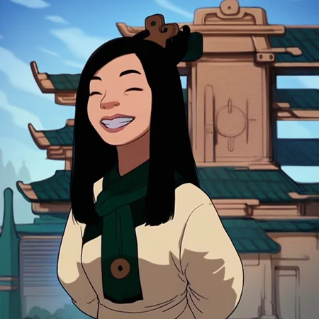 Score_9, Score_8_up, Score_7_up, 1girl, solo, hair ornament, black hair, long hair, brown eyes, lipstick, green scarf, chinese dress, long sleeves, wide sleeves, grin, teeth, eyes closed, hands behind back, day, blue sky, temple,