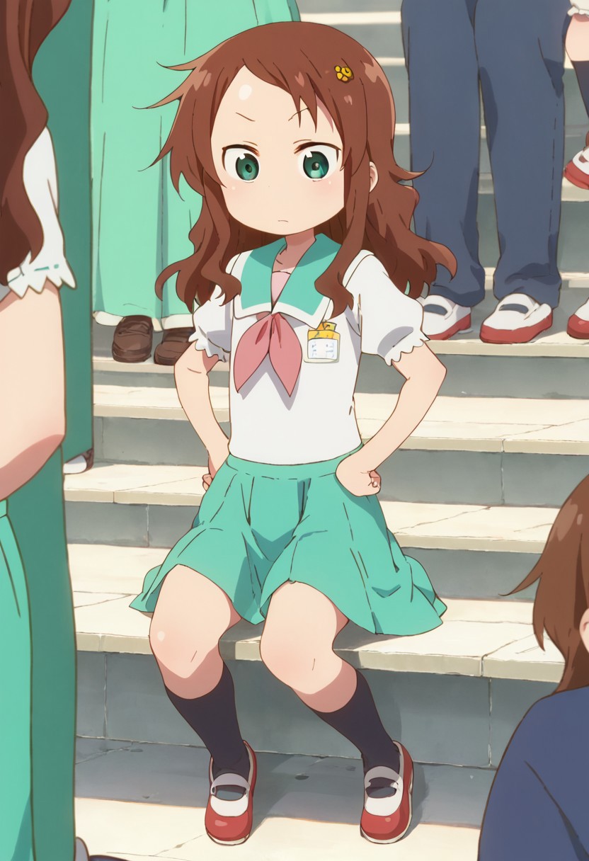 rikos, saisch, long hair, green skirt, brown hair, hair ornament, green eyes, flower, hair flower, school uniform, shoes, socks, uwabaki,  thighhighs,    sitting,   score_9, score_8_up, score_7_up, ,source_anime, best quality, masterpiece,   , full body view,  1girl , solo , girl focus , hands on hips,