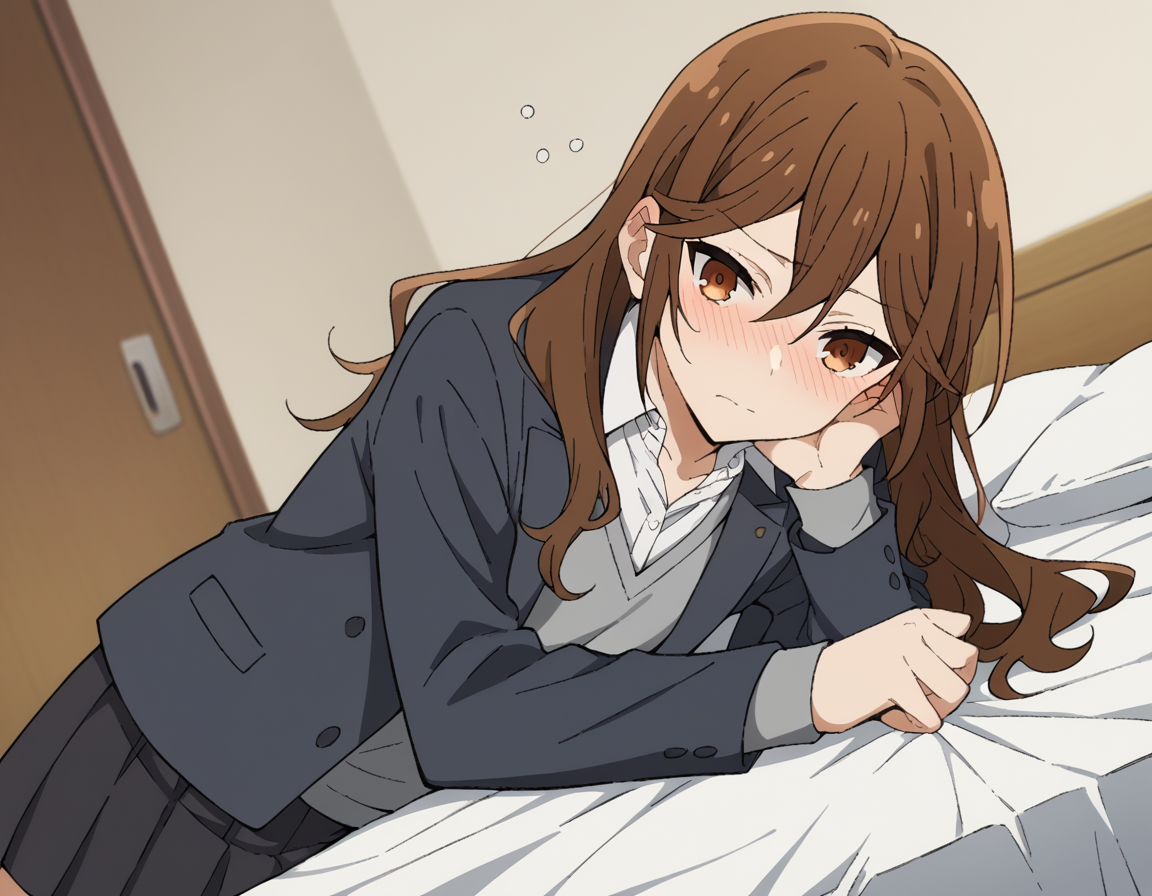 score_9, score_8_up, score_7_up, source_anime,
kyoukohori,  <lora:kyouko-hori-s2-ponyxl-lora-nochekaiser:1>,
kyouko hori, long hair, bangs, brown hair, hair between eyes, brown eyes,
shirt, school uniform, jacket, collared shirt, blazer, sweater, grey sweater, white shirt, black blazer, skirt, black skirt,
indoors, bed, bed room, on side, blush, drunk,
cowboy shot, looking at viewer, solo, dutch angle,