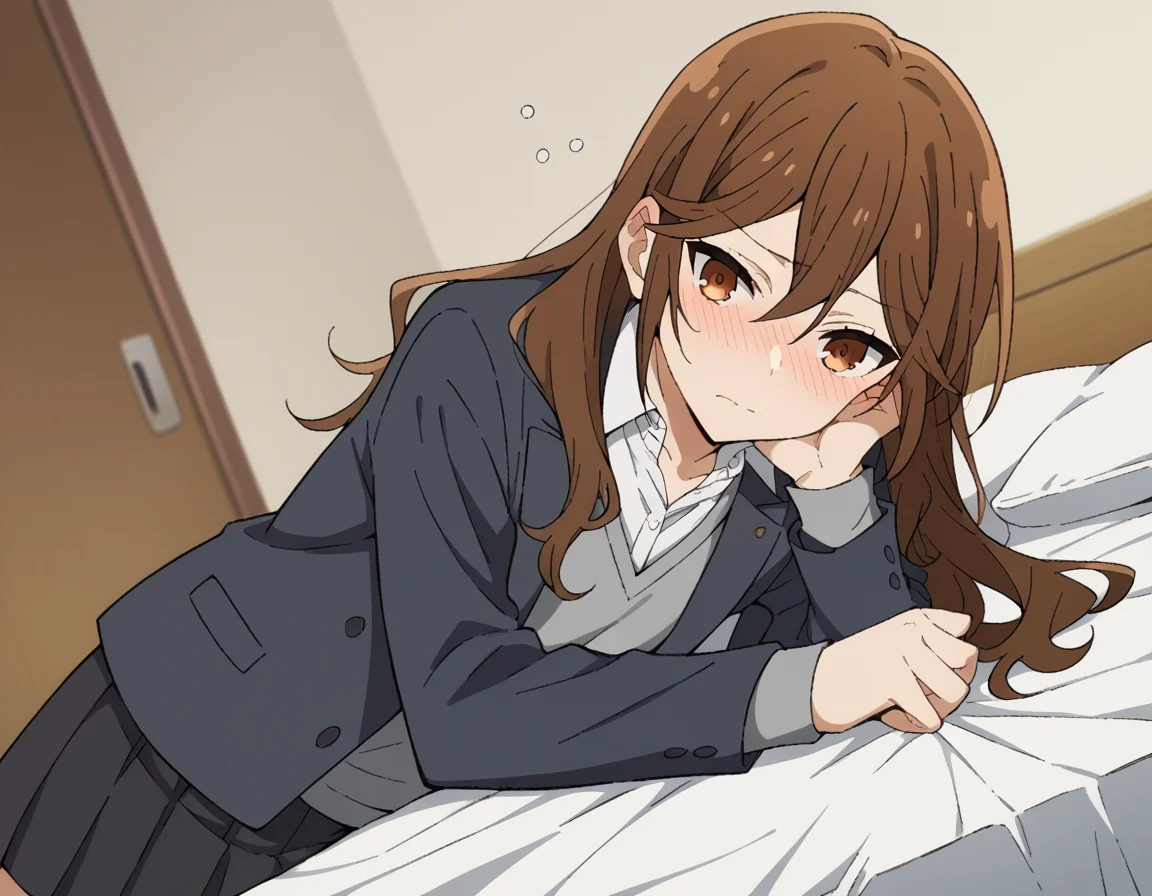 score_9, score_8_up, score_7_up, source_anime,
kyoukohori,  <lora:kyouko-hori-s2-ponyxl-lora-nochekaiser:1>,
kyouko hori, long hair, bangs, brown hair, hair between eyes, brown eyes,
shirt, school uniform, jacket, collared shirt, blazer, sweater, grey sweater, white shirt, black blazer, skirt, black skirt,
indoors, bed, bed room, on side, blush, drunk,
cowboy shot, looking at viewer, solo, dutch angle,