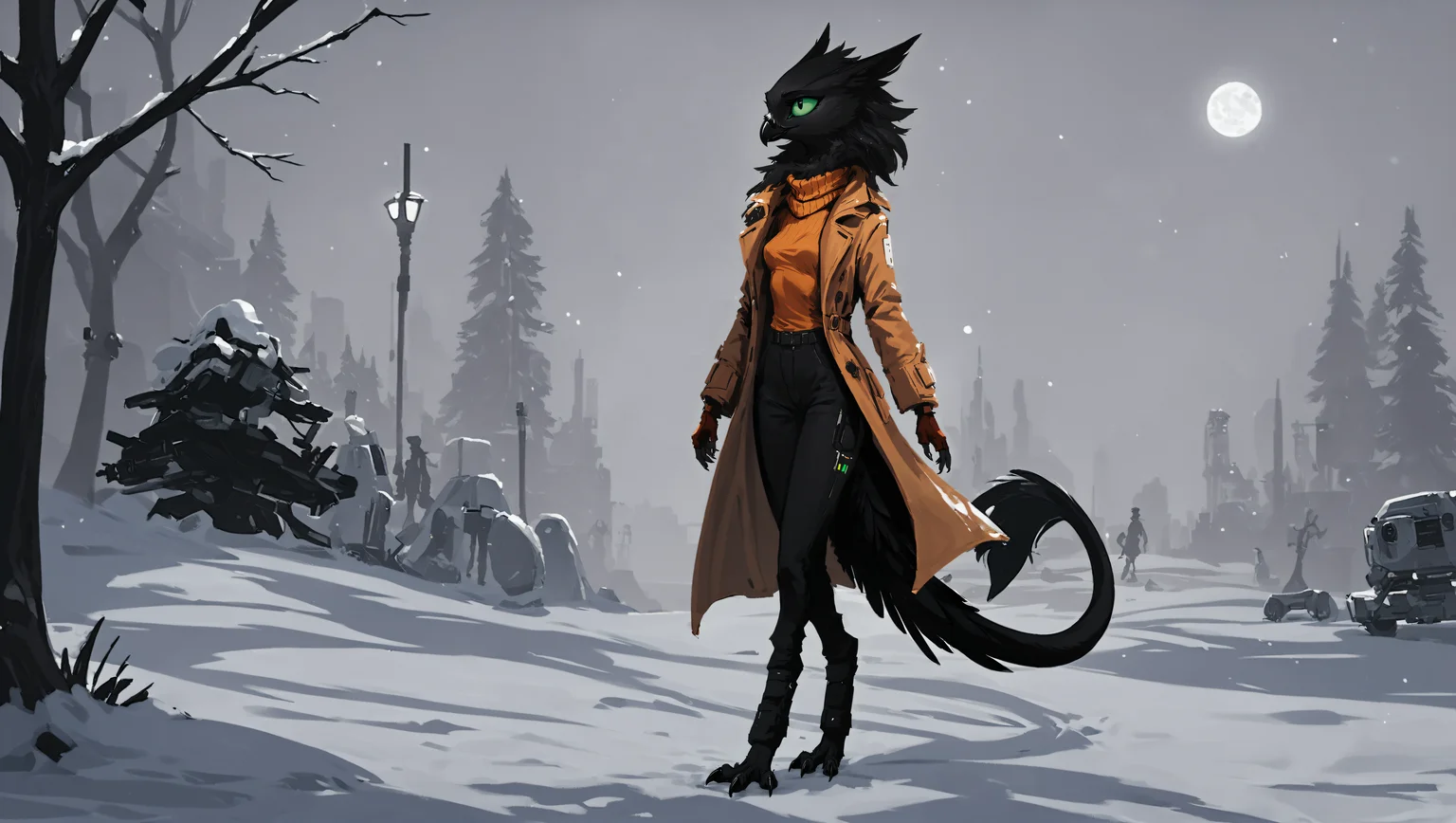 score_9, score_8_up, detailed, sketch, lineless, cel shading, science fiction, night, snow,
female avian shdw, walking, trenchcoat, orange turtleneck, toeless footwear, black body, slim, neck tuft, small breasts, green sclera, 3 toes, digitigrade, long tail,
<lora:velari_v0.2.1_pdxl:0.7>