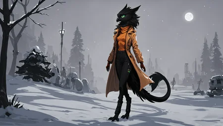 score_9, score_8_up, detailed, sketch, lineless, cel shading, science fiction, night, snow,
female avian shdw, walking, trenchcoat, orange turtleneck, toeless footwear, black body, slim, neck tuft, small breasts, green sclera, 3 toes, digitigrade, long tail,
<lora:velari_v0.2.1_pdxl:0.7>