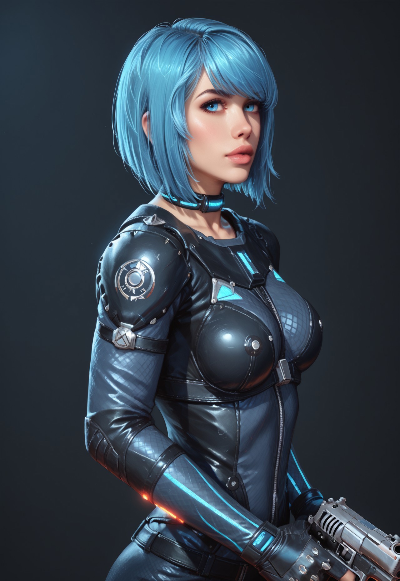 safe_pos, core_9, score_8_up, score_8, semi realistic, ultra detailed, 8k, high quality, hi res, high quality, detailed eyes, perfecteyes, detailed face, 1girl, (1girl:1.2), Nyx from Quake Champions, futuristic assassin outfit, (((pistol in hand))), pale skin, ((glowing bobcut blue hair, side bangs)), realistic, cinematic angle, cinematic lighting, athletic body, intense face, glowing blue eyes, stealthy pose
BREAK
infiltrating a high-tech corporate facility at night
BREAK
source_sci_fi_art, rating_explicit, expressive, half body, side view, dynamic pose
BREAK
detailed beautiful background, futuristic architecture, neon lights, advanced security systems, holographic displays, dark shadows, tense atmosphere
(((full clothed)))