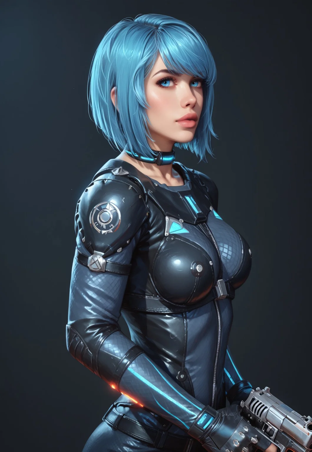 safe_pos, core_9, score_8_up, score_8, semi realistic, ultra detailed, 8k, high quality, hi res, high quality, detailed eyes, perfecteyes, detailed face, 1girl, (1girl:1.2), Nyx from Quake Champions, futuristic assassin outfit, (((pistol in hand))), pale skin, ((glowing bobcut blue hair, side bangs)), realistic, cinematic angle, cinematic lighting, athletic body, intense face, glowing blue eyes, stealthy pose
BREAK
infiltrating a high-tech corporate facility at night
BREAK
source_sci_fi_art, rating_explicit, expressive, half body, side view, dynamic pose
BREAK
detailed beautiful background, futuristic architecture, neon lights, advanced security systems, holographic displays, dark shadows, tense atmosphere
(((full clothed)))
