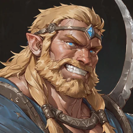 masterpiece, best quality, newest, best quality, highres, 1boy, solo, male focus, mature male, bara, large pectorals, beard, traditional_media, t00b0sh001ll, blonde_hair, blue_eyes, portrait, pointy_ears, viking, evil_grin