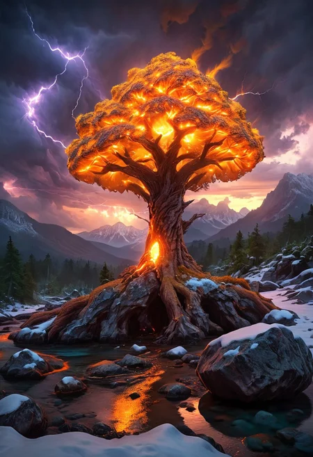 (by Ellen Jewett:1.5), (Fiery orange Bioluminescent Impressionism with lightning, mountain landscape, The Dreamland, Gibson Great Mountains, rock, sky, giant tree, great grand tree on mountains, great fire, great lightning, scenery, great great magical tree, sunset, sunrise , stream, lightining, snow and ice, ethereal landscapes, depth of field, biotech emotion:1.3) <lora:xl_more_art-full_v1:0.5> <lora:add-detail-xl:1> , ral-wlfnte <lora:RMSDXL_Creative:2>