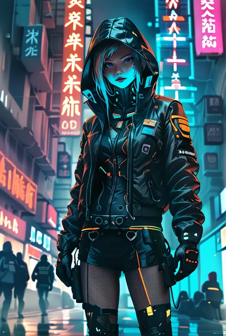 score_9, score_8_up, score_7_up,score_6_up, score_5_up, score_4_up,  BREAK
techwear,  <lora:TechWearPony:0.8>,
 cyberpunk, jacket, 1girl,gloves,blurry background, hood up, city, neon lights