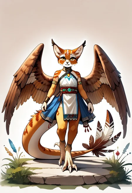 DarirStyle
1 person, flat chest, no breasts, anthro, ((long toes, nimble toes, handfeet)):1.4, ((wing arms, wings only)):1.6, pelvic curtain skirt, feline features, feline nose, large ears, ((thick tail, tapering tail, feather tipped tail)), harpy:1.2, large wings, variety, digitigrade legs, ((front view)), rating: safe