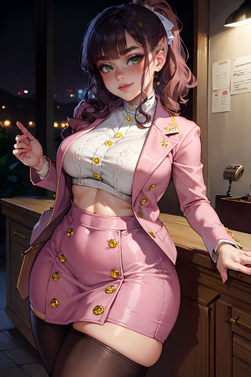 highres, masterpiece, perfect lighting, bloom, night, dark, cinematic lighting, adult, female, looking at viewer, cowboy shot, (RSEEmma:1.5),<lora:RSERomantic_RSESofiko_RSEEmma-v1:0.3>, (small breasts:1.4), wide hips, thick thighs, edgCJ, wearing edgCJ, chic jacket, skirt, high heels, pantyhose, blunt bangs, black hair:pink hair, messy mid ponytail, green eyes, thick eyebrows, freckles, full lips, smug, smirk, <lora:weight_slider_v2:1.25> <lora:edgChicJackets:0.8>