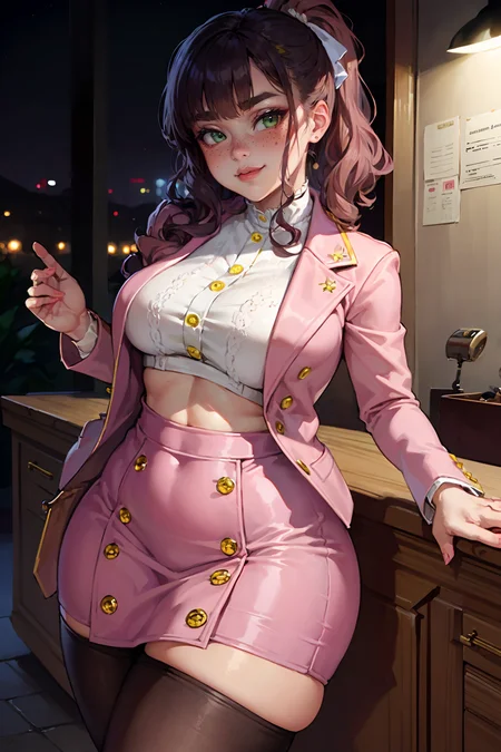 highres, masterpiece, perfect lighting, bloom, night, dark, cinematic lighting, adult, female, looking at viewer, cowboy shot, (RSEEmma:1.5),<lora:RSERomantic_RSESofiko_RSEEmma-v1:0.3>, (small breasts:1.4), wide hips, thick thighs, edgCJ, wearing edgCJ, chic jacket, skirt, high heels, pantyhose, blunt bangs, black hair:pink hair, messy mid ponytail, green eyes, thick eyebrows, freckles, full lips, smug, smirk, <lora:weight_slider_v2:1.25> <lora:edgChicJackets:0.8>