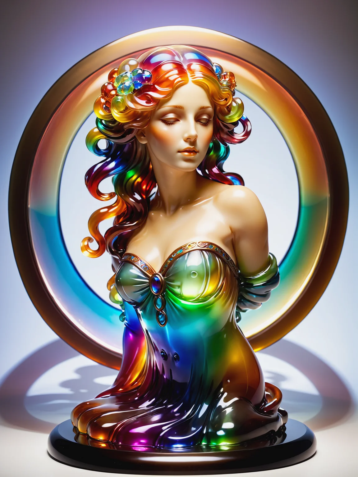 statue of a woman in the style of alphonse_mucha, rainbow colors, floating hair, spotlight, <lora:JellyStyle:0.8>, (masterpiece:1.2), best quality