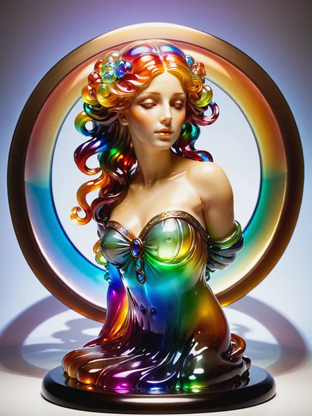 statue of a woman in the style of alphonse_mucha, rainbow colors, floating hair, spotlight, <lora:JellyStyle:0.8>, (masterpiece:1.2), best quality