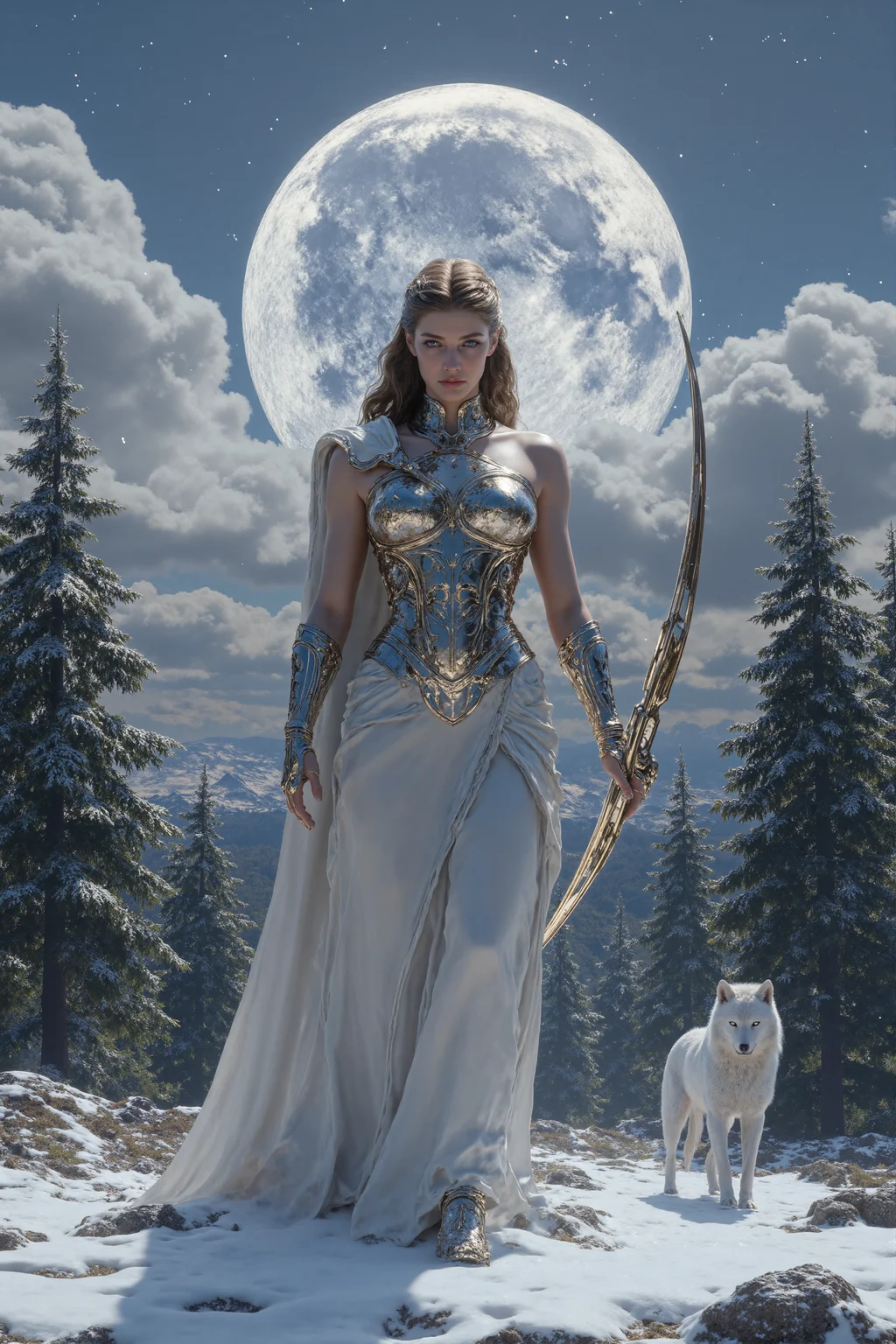 JKC,A 20-year-old goddess of wisdom,strength,and connection to nature stands confidently on a vast celestial battlefield. With sharp,intelligent eyes and perfect facial features,she exudes beauty and power,and her long,wavy brown or blonde hair is tied back elegantly. She wears a light,sophisticated armor that blends the aesthetic of an ancient Greek warrior with futuristic elements. Her strong stance reveals beauty and deadly precision.,