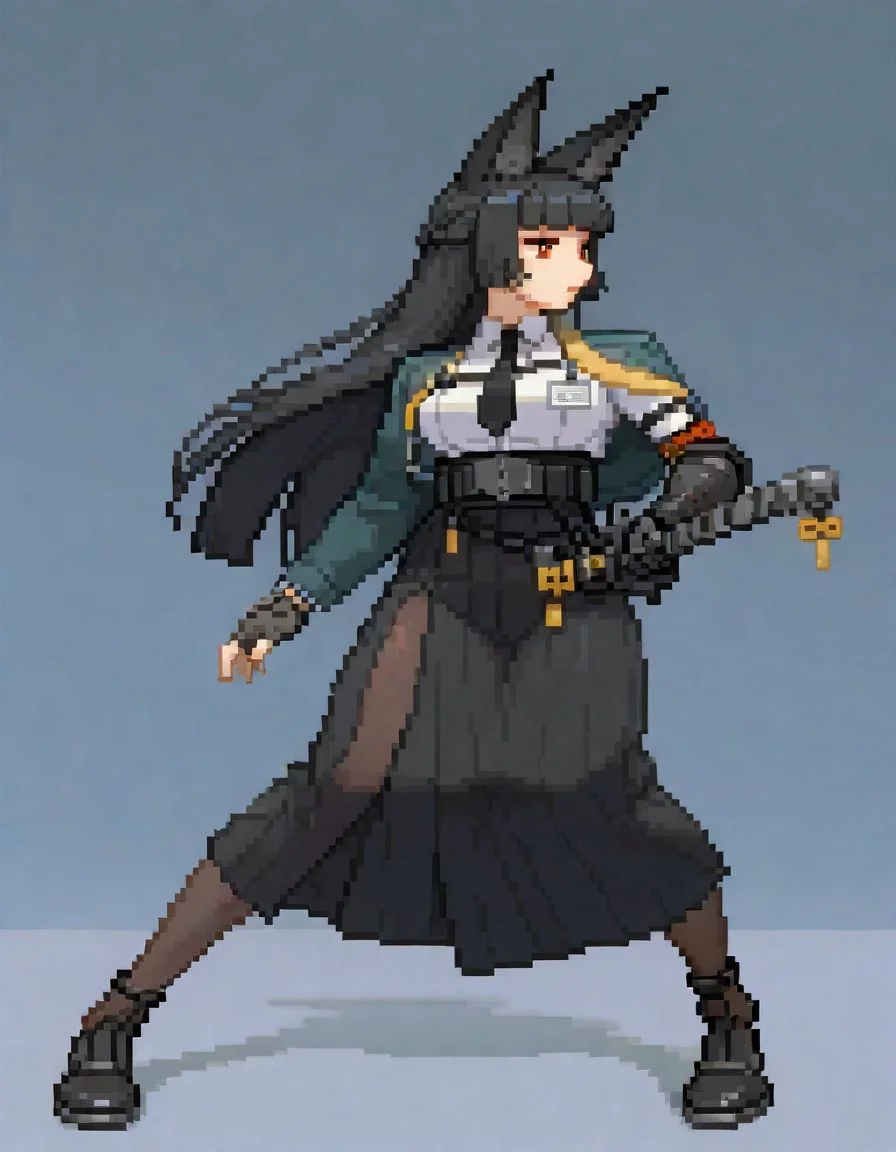 1girl, hsmyb, fox ears, red eyes, white pupils, bright pupils, black hair, long hair, blunt bangs, sidelocks, half up braid, medium breasts, <lora:Hoseki_ZenlessZoneZero_HoshimiMiyabi_IllustriousXL_v1:1>
green jacket, chest strap, id card, collared shirt, white shirt, black necktie, arm strap, high-waist skirt, black skirt, long skirt, belt, tassel, black pantyhose, single gauntlet,
single fingerless glove, black gloves,
<lora:ASF3_style-12:1> SF3XL, full body, fighting stance, from side, looking away,
holding weapon, katana, 
masterpiece, best quality,
