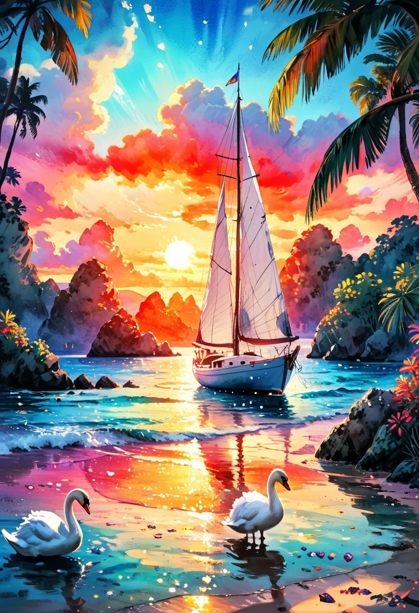 fantasy. Beautiful sailboat on sparkling water on a tropical beach, sunset, swans, digital watercolor illustration of a SummerScape sunset, by Waterhouse, Carne Griffiths, stylized watercolor art, intricate, complex contrast, HDR, soft cinematic volumetric lighting, soft pastel colors, wide long shot, perfect masterpiece , detailed matte painting, deep colors, fantastic, intricate details, splash screen, complementary colors, fantasy concept art, 8K resolution trending on Artstation Unreal Engine 5, SoraSleepAI, Circle
Masterpiece, vibrant colors, very detailed, midjourneyv6.1, detail background, bright colors. perfect, perfection, perfection style, colorful splashes, painted world