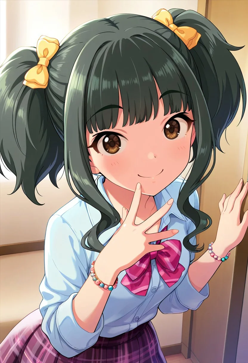 masterpiece,best quality,amazing quality, fujii tomo, brown eyes, dark green hair, 1girl, solo, twintails, smile, looking at viewer, bracelet, jewelry, skirt, bow, plaid, bead bracelet