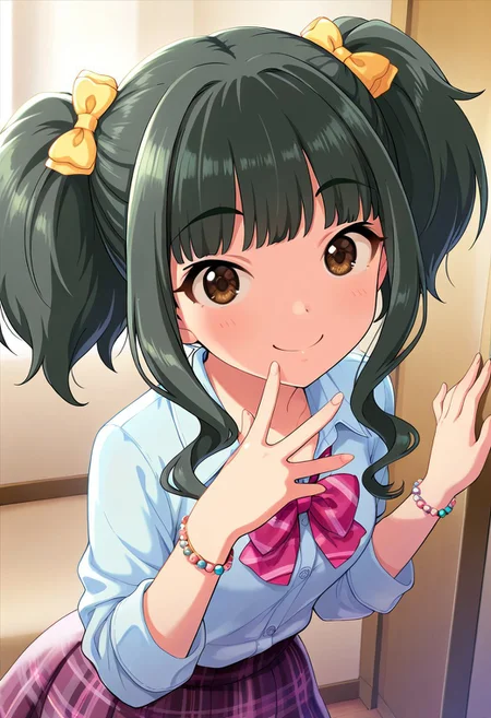 masterpiece,best quality,amazing quality, fujii tomo, brown eyes, dark green hair, 1girl, solo, twintails, smile, looking at viewer, bracelet, jewelry, skirt, bow, plaid, bead bracelet