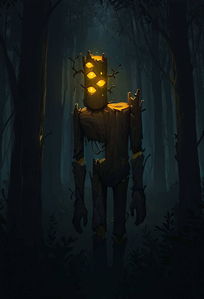 masterpiece, best quality, amazing quality, very aesthetic, absurdres, newest, cinematic, movie scene, foreground blur, volumetric lighting, 
creaking, no humans, standing, monster, glowing eyes, yellow eyes, solo, 3 eyes, yellow sclera, wooden body,
in forest, lurking behind trees, dark forest