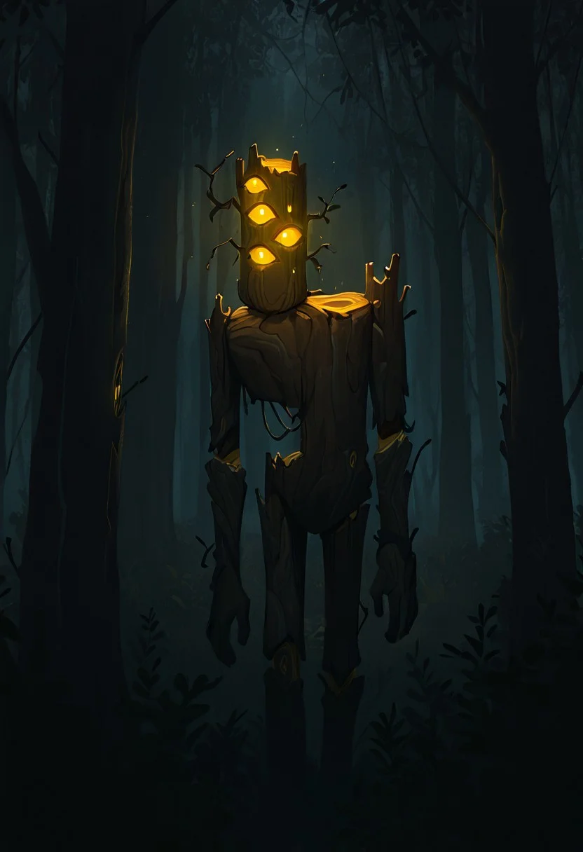 masterpiece, best quality, amazing quality, very aesthetic, absurdres, newest, cinematic, movie scene, foreground blur, volumetric lighting,
creaking, no humans, standing, monster, glowing eyes, yellow eyes, solo, 3 eyes, yellow sclera, wooden body,
in forest, lurking behind trees, dark forest