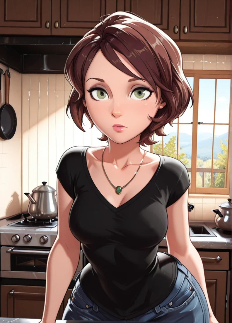 fireemblemxd, masterpiece, best quality, amazing quality, very aesthetic, absurdres, newest, detailed background, indoors, kitchen, looking at viewer,
cassxd, 1girl, solo, short hair, brown hair, green eyes, looking at viewer, collarbone,, lips, makeup,
black shirt, jewelry, denim pants,
medium breasts, posing, milf, curvy, large thights, wide hips,
<lora:Aunt_Cass_Hamada_-_Disney_Illustrious:1> ,<lora:Fire_Emblem_Style:1>