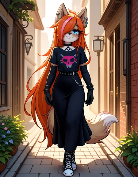 masterpiece, best quality, very aesthetic, absurdres,
outdoors,
full body, posing,
goth fashion,
seductive smile, parted lips, long eyelashes,
<lora:Kayla_Kitsune_v01_NAIXL:1>
K4yl4_K1tsun3,1girl,solo,furry,furry female,very long hair,multicolored hair,orange hair,pink hair,streaked hair,hair over one eye,wolf ears,earrings,blue eyes,freckles,snout,animal nose,body fur,two-tone fur,wolf tail