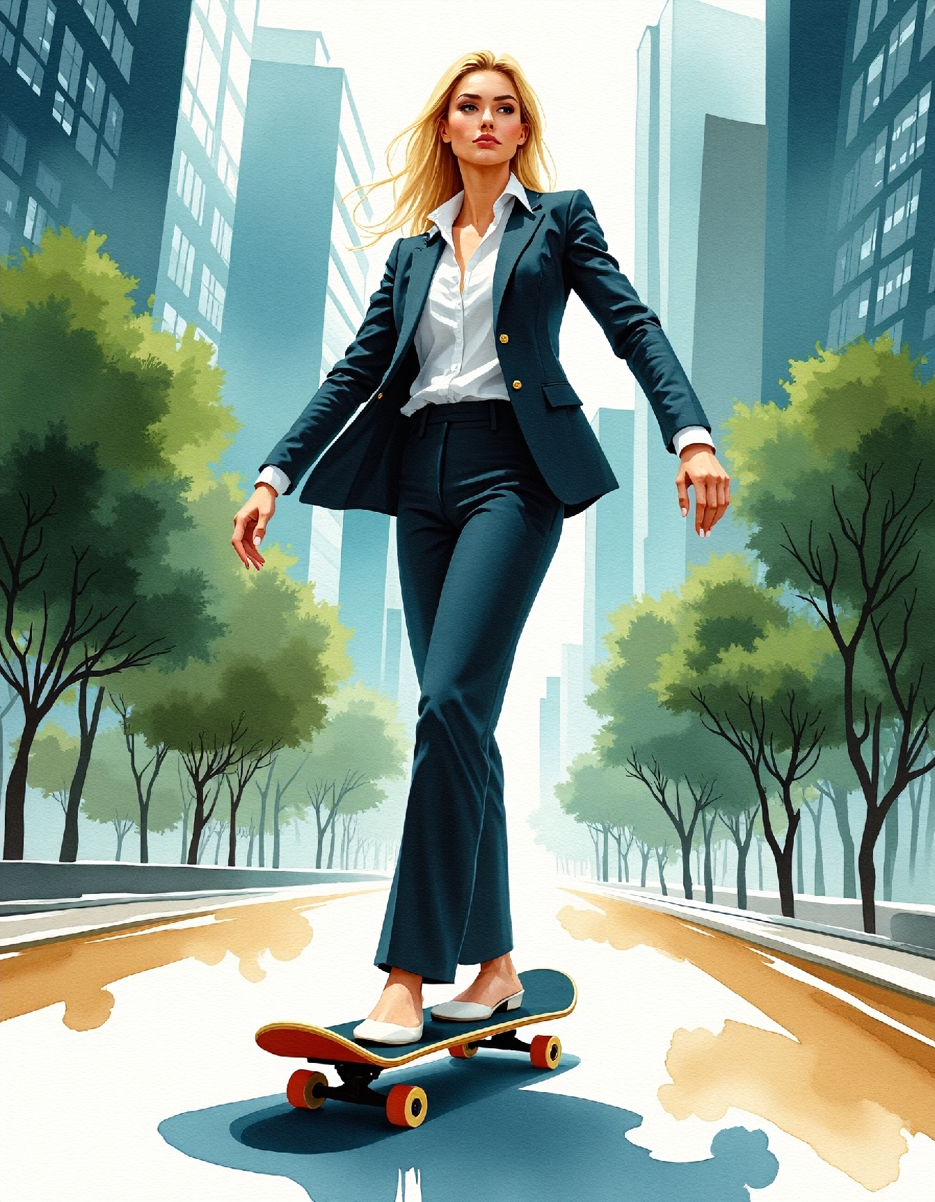 water color image on rough paper, Surreal watercolor painting depicting a rich woman in an elegant business suit riding a customized skateboard through a bustling financial district filled with stock market symbols and money trees; her confident pose showcases determination; the skateboard features metallic accents resembling corporate logos; her expression is assertive yet polished; background includes skyscrapers with windows displaying wealth indicators; subtle shading creates depth; composition challenges societal norms by merging high-end style with action sports; rich colors and detailed textures evoke a striking image. Watercolor blending, metallic skateboard design, confident businesswoman, financial district scenery.