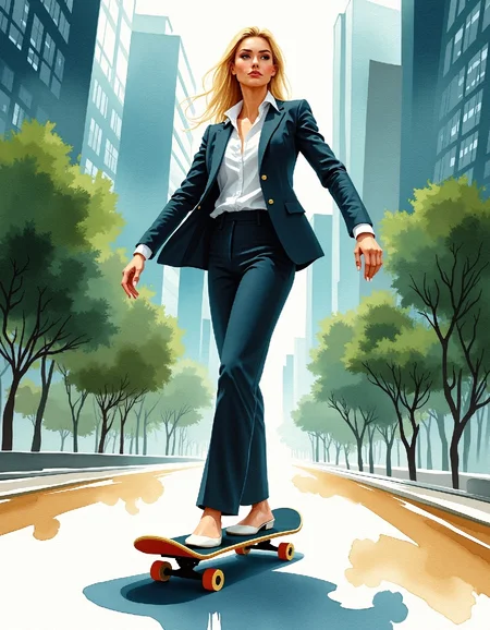 water color image on rough paper, Surreal watercolor painting depicting a rich woman in an elegant business suit riding a customized skateboard through a bustling financial district filled with stock market symbols and money trees; her confident pose showcases determination; the skateboard features metallic accents resembling corporate logos; her expression is assertive yet polished; background includes skyscrapers with windows displaying wealth indicators; subtle shading creates depth; composition challenges societal norms by merging high-end style with action sports; rich colors and detailed textures evoke a striking image. Watercolor blending, metallic skateboard design, confident businesswoman, financial district scenery.