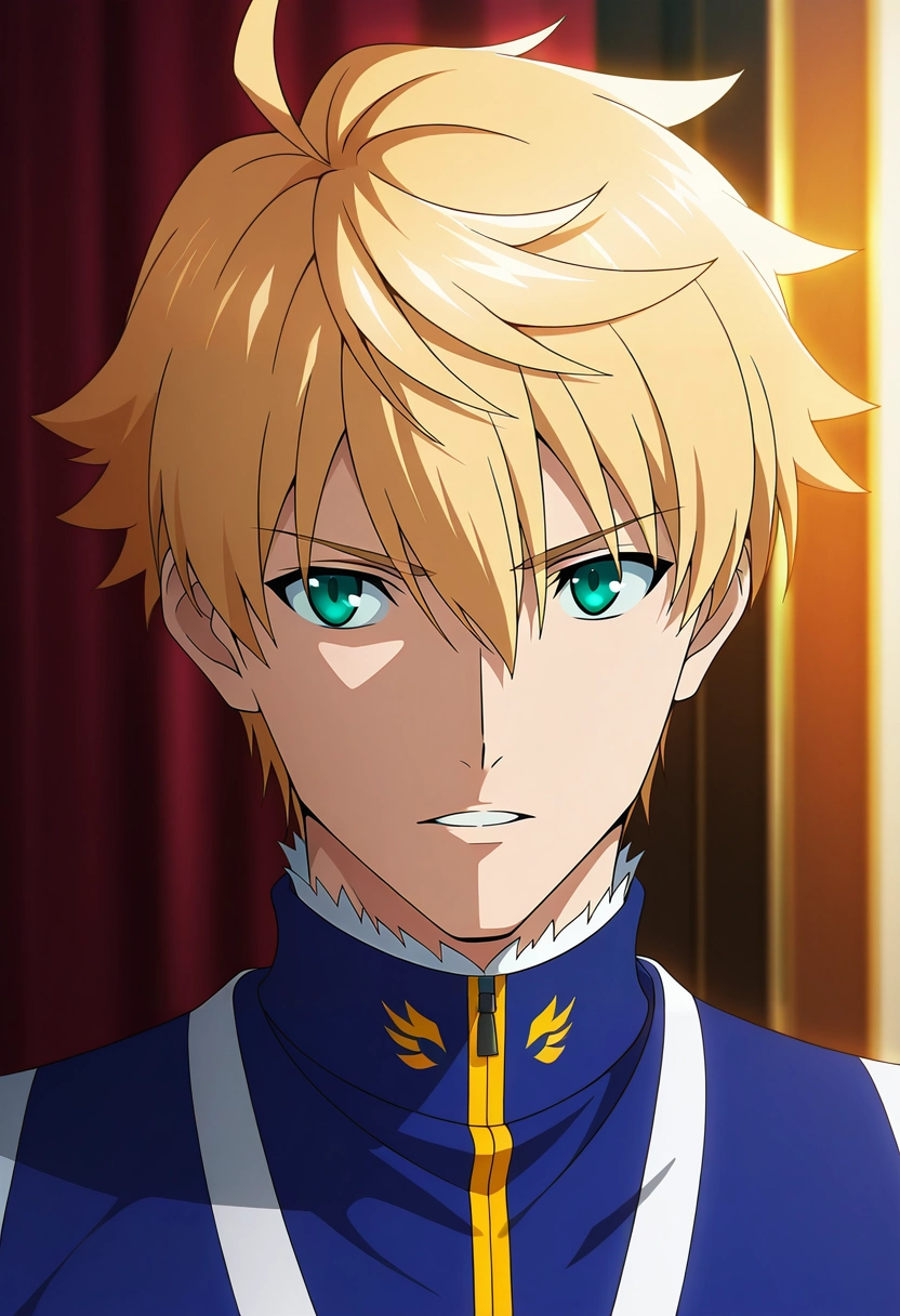 masterpiece, best quality, , anime screencap, anime coloring, official style, , 1boy, solo, male focus, <lora:arthur_pendragon_fate_ilxl:0.92>, arthur_pendragon_fate, blonde hair, green eyes, short hair, ahoge, hair between eyes, bangs, , , , decade costume