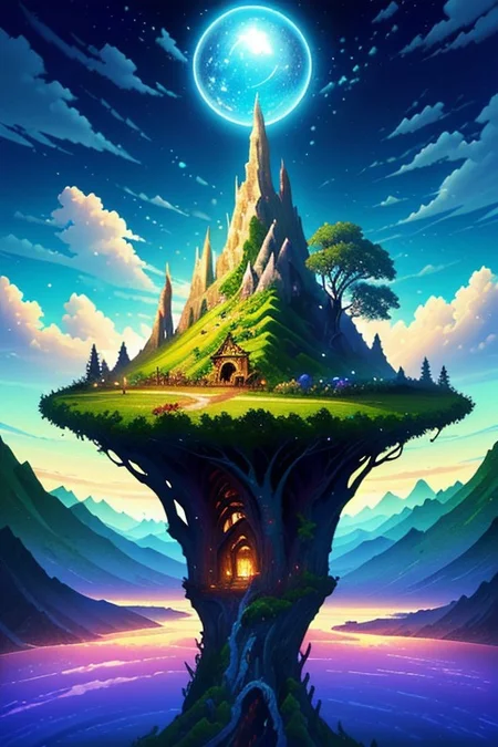 (ultra high res:1.4), (masterpiece), (beautiful lighting:1.4), clear water, beautiful sky with clouds, tree, masterpiece, pretty, surreal landscape image featuring floating islands, upside-down mountains, and unconventional flora. Include a dreamlike quality, pushing the boundaries of reality. Conjure a scene that has imaginative and otherworldly elements. big wooden bridge