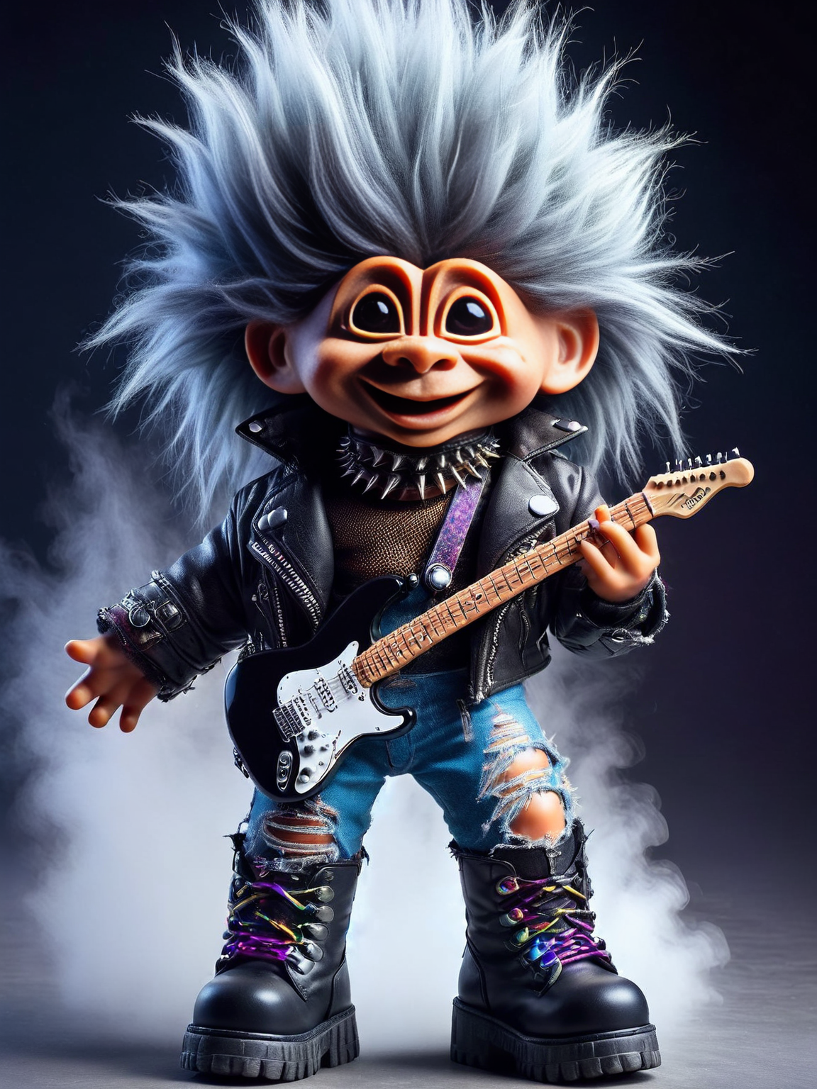 ais-trollz rockstar, with a wild and ecstatic expression, in a glamorous outfit with standout, edgy boots, rocking an electric guitar on a lively stage with pyrotechnics. The background buzzes with an ecstatic crowd, fueling the dynamic concert atmosphere <lora:Trollz_2:1>