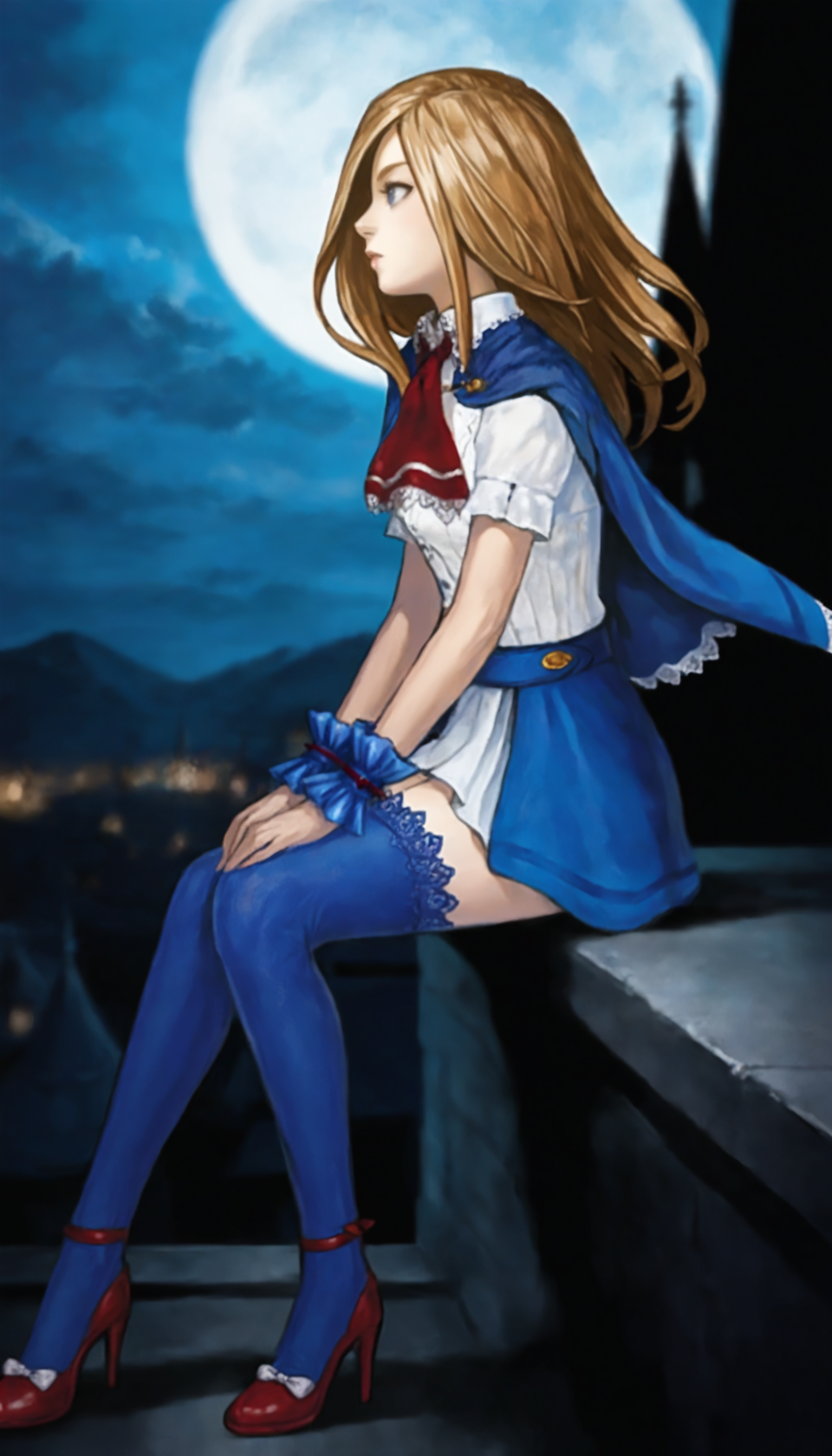 masterpiece,best quality,amazing quality,
<lora:charlotteAullinNAI:1>,charlotteaulin,
1girl,solo,
brown hair,long hair,
blue eyes,looking to the side,
blue cape with white lace trim,white thigh length dress,white lace trim collar,red tie with white lace trim,short puffed sleeves,blue wrist cuffs,(blue wrap skirt:1.2),
blue lace thigh socks,red heels,
full body,sitting,from rooftop,overlook,from side,
blurry background,vignetting,outdoors,castle,(night:1.2),dark,full moon,dark,light particles,cloudy,rainy days,