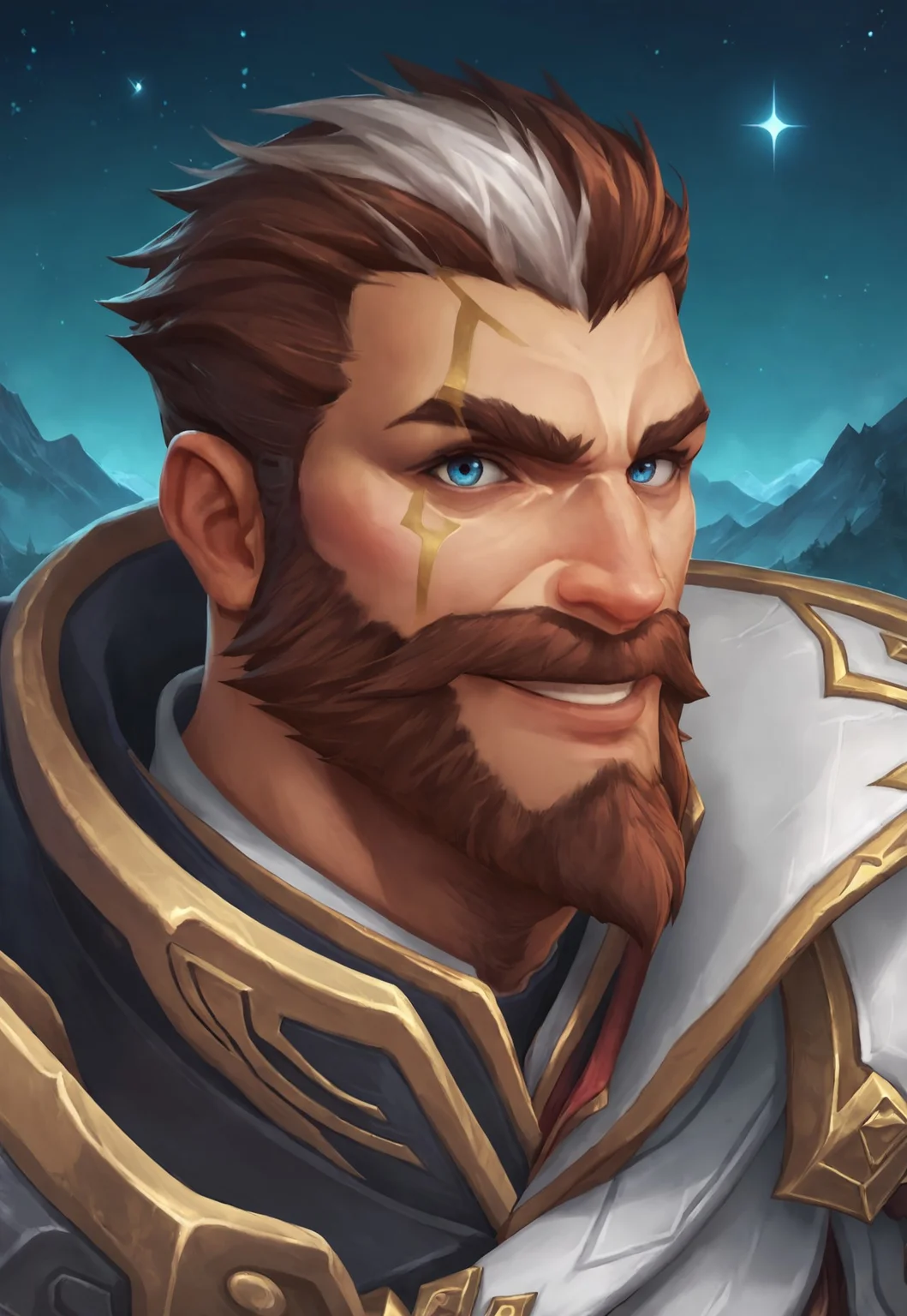 score_9, score_8_up, SentinelGraves, two-tone hair, white hair, brown hair, short hair, blue eyes, muscular, facial hair, beard, gold marks on right side of face, aiguillettes, pauldrons, armor, portrait, dynamic pose, looking at viewer, smile, detailed background, sci fi, stars, mountain range, night,