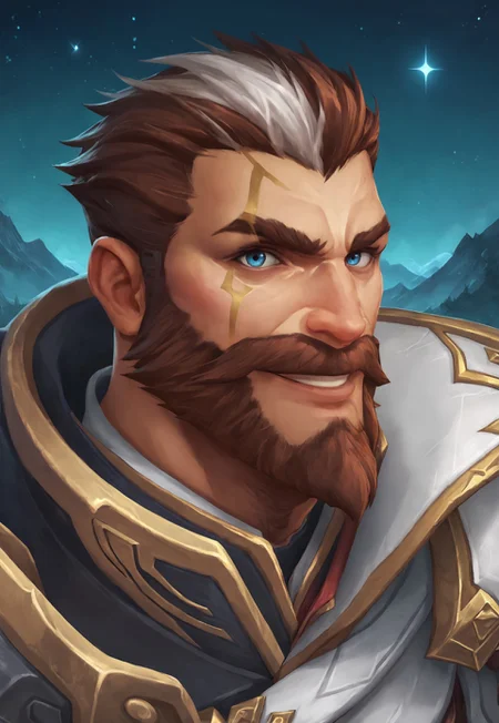 score_9, score_8_up, SentinelGraves, two-tone hair, white hair, brown hair, short hair, blue eyes, muscular, facial hair, beard, gold marks on right side of face, aiguillettes, pauldrons, armor, portrait, dynamic pose, looking at viewer, smile, detailed background, sci fi, stars, mountain range, night,