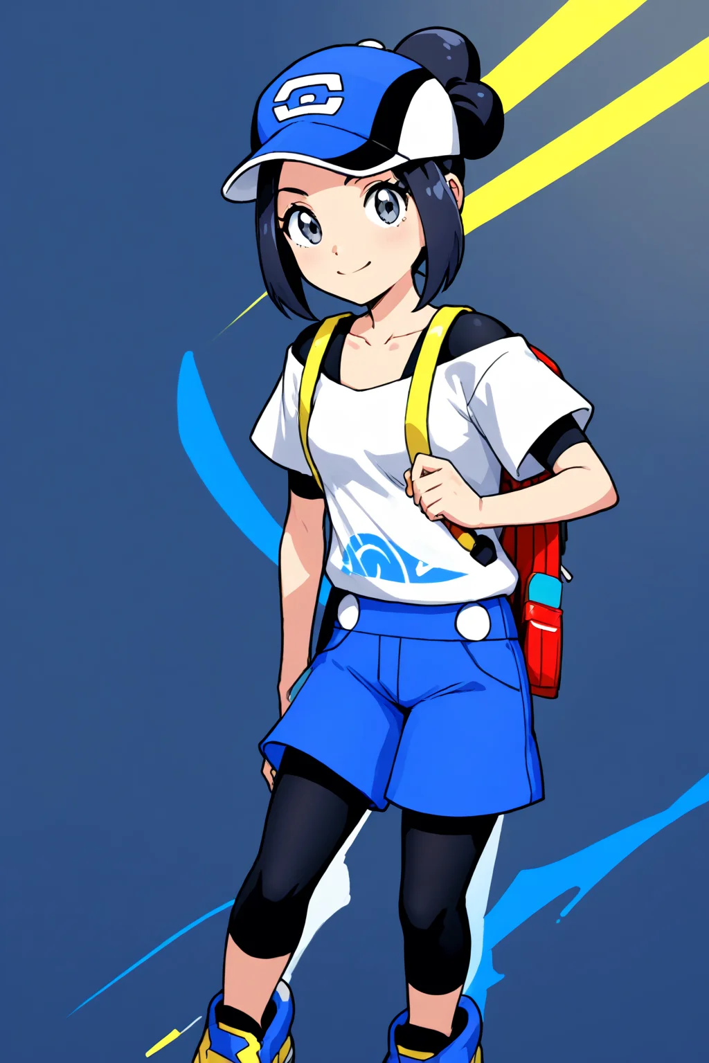 2d, masterpiece, best quality, amazing quality, 1girl, solo, standing, smile, full_body, leaning forward, arms at sides, looking at viewer, simple background, colorful background, color splashes, pkbettie, black hair, grey eyes, short hair, sidelocks, bangs, hair bun, baseball cap, blue headwear, white shirt, collarbone, black undershirt, short sleeves, off-shoulder shirt, high-waist shorts, blue shorts, black leggings, leggings under shorts, backpack, red bag, smartphone, shoes, blue footwear, yellow footwear, score_9, score_8_up, score_7_up,source_anime