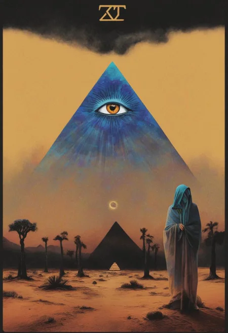 Tarot card design for the magician card with Robert Anton Wilson as the magician, in the desert with a pyramid in the background with an eye looking at the magician, mandala, golden Apple, dark vaporwave color palette, Perfect Hands, 3l3ctronics