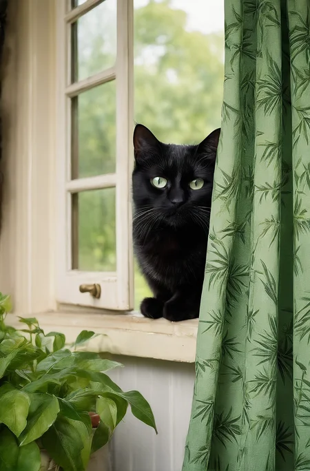the image portrays a mischievous black cat peeking from between two curtains, its wide eyes almost saying, "Oops, you caught me!" The curtains are a pale green and white, hanging by a window overlooking a garden with grass and a house in the distance. The feline's playful antics seem to have ensnared it in a curtain cocoon, making the scene both humorous and endearing, (glossy eyes) cinestill, film grain, taken with hasselblad H6D 100c, the HCD 24mm lens, hazy mood, cinematic dramatic lighting, cold muted colors, (DOF:1.4), (dark lush jungle background), sharp focus, (perfect real extremely details), amazing fine detail, absurdres, hyper realistic lifelike texture, dramatic lighting