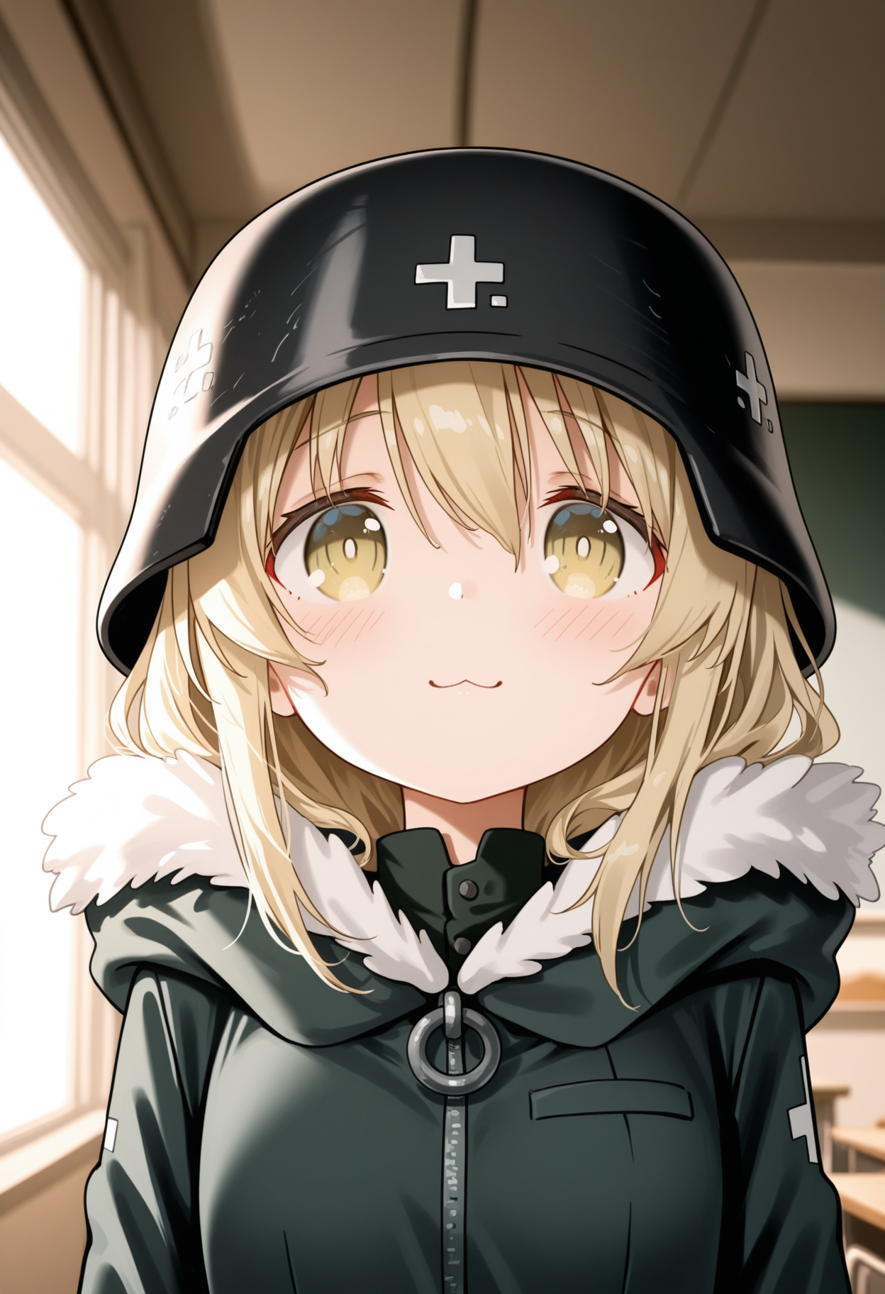 1girl, 
kazutake hazano, ningen mame, (kedama milk:0.95), (wlop:0.91), (mika pikazo:0.9), 
yuu winter military uniform, yuuri glt, yuu military helmetï¼yellow hair, short hair, indoor, hallway, classroom, face focus, smile, pov, :3, (As109:0.91), SFW masterpiece, amazing quality, soft lighting, dim lighting, blonde hair, blurry background, blush, military uniform, depth of field, hat, solo focus, looking at viewer, school uniform, yellow eyes, uniform, desk, necktie, military hat, female pov, pov hands, indoors, garrison cap, blurry
a character from the series "Girls und Panzer," illustrated by the artist kazutake hazano and ningen mame. The character depicted is a young girl with blonde hair, wearing a military-style uniform that includes a garrison cap adorned with insignia. She has large, expressive eyes and appears to be indoors, possibly in a classroom or similar setting. Her posture suggests she might be looking at something off-camera, adding a sense of engagement and curiosity to the composition
best quality