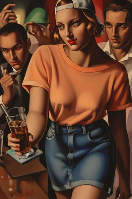 tamaradelempicka1 painting.
 The air buzzes with the energy of a busy bar, a mix of music, conversation, and the clinking of glasses. A barmaid, the embodiment of youthful vibrancy, navigates the lively scene. She wears a peach-coloured T-shirt, the soft fabric contrasting with the smooth, cold glass of coke she carries on a small tablet. Her short skirt adds a playful touch, and a backwards baseball cap hints at a carefree attitude. The setting and atmosphere are palpable: the warm, slightly sticky surface of the bar counter under her fingertips, the dim, colourful lighting that casts playful shadows. Sensory details are abundant: the condensation forming on the glass of coke, the texture of her denim skirt, and the way the bar lights catch the highlights in her hair. Her confident stride, her quick smile, and her efficient movements. Stylistically, the image draws inspiration from the vibrant, candid shots of nightlife photographers, with a touch of the stylized realism found in contemporary illustration. There's a deliberate contrast between the barmaid's youthful energy and the slightly worn, lived-in atmosphere of the bar, creating a dynamic and engaging image.  <lora:tamaradelempicka1_cap_d8a4:1.0><lora:863955137759055982:0>