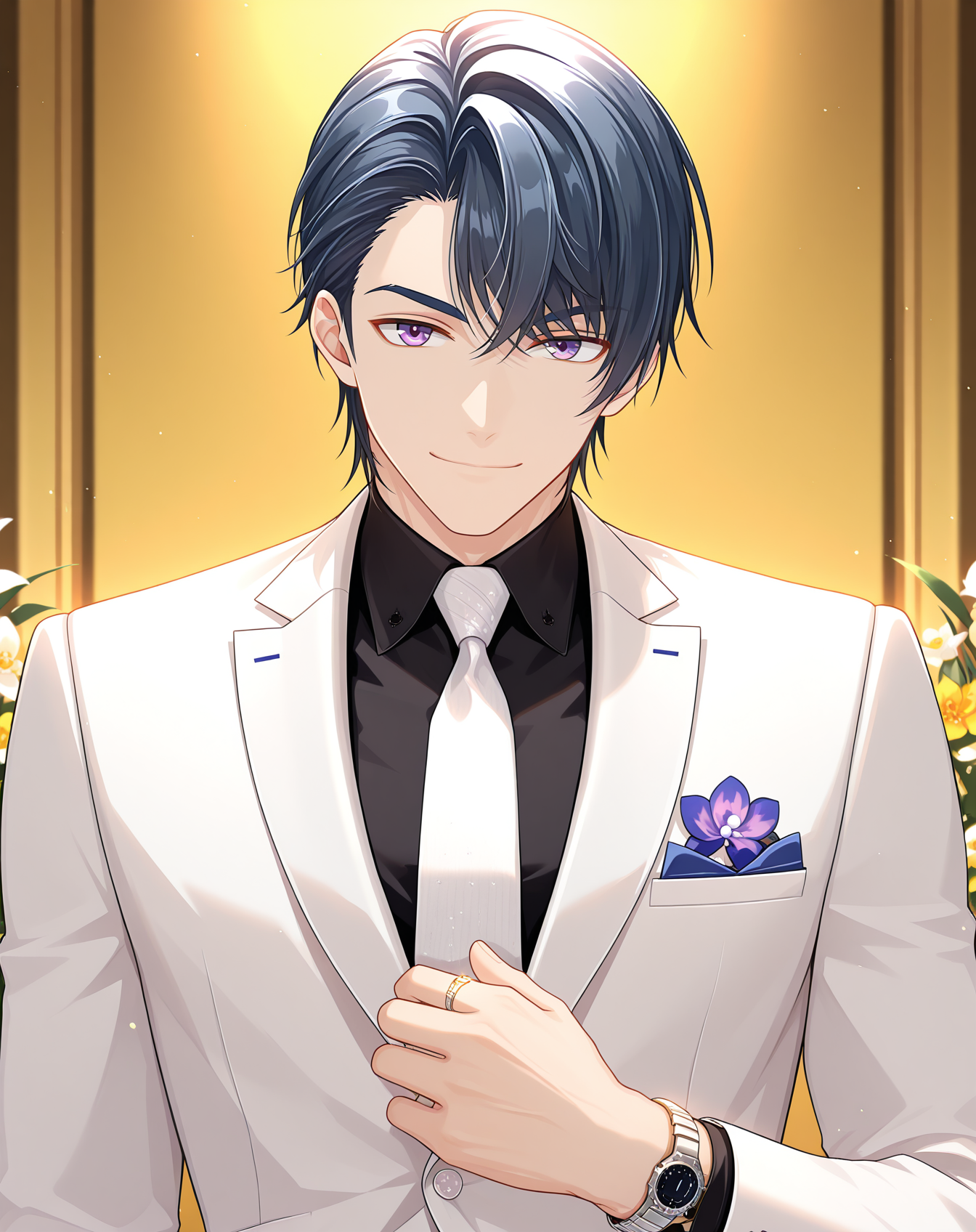 masterpiece, amazing quality, best quality, absurdres, very aesthetic,
1boy, solo, yaoi, male focus, looking at viewer, upper body, 
<lora:Marius_Von_Hagen_ilxl:1> marius, purple eyes, black hair, short hair, hair between eyes, parted bangs,
white necktie, formal, black shirt, white jacket, white suit, white pants, long sleeves, collared shirt,
smile,
watch, wristwatch, ring, flower,