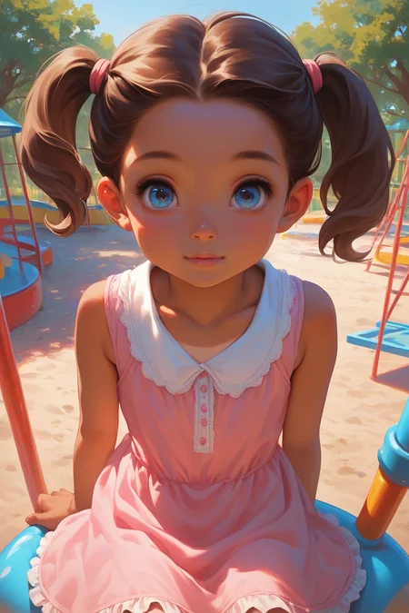 1girl, solo, child, young, cute, pretty, tan lines, brown hair, blue eyes, flat chest, pigtails, looking at viewer,
playground, daycare, pink dress, sleeveless dress,