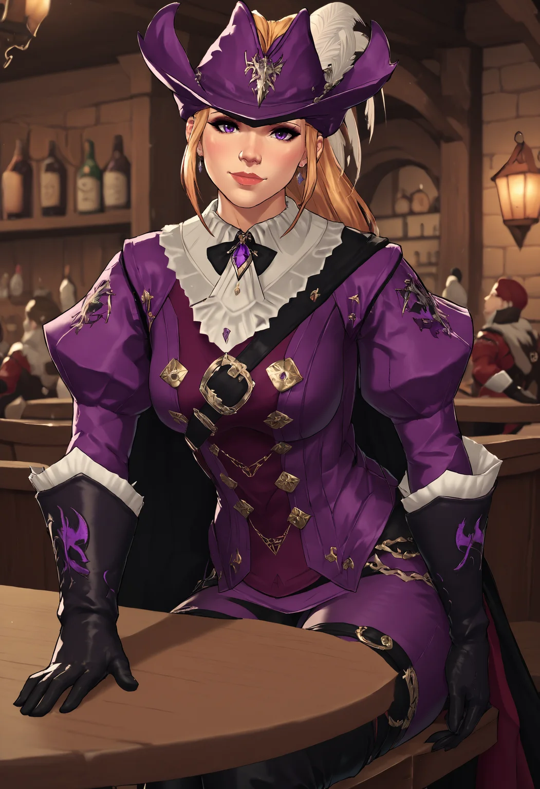 score_9, score_8_up, score_7_up,1girl, solo, public,rdmaf, duelist head, duelist body, duelist gloves, duelist pants, duelist cape, hat feather, <lora:Red_Mage:1>, (purple clothing:1.5), blonde hair, ponytail, , sitting, on chair, tavern, pov across table, sitting at a table, having lunch, leaning forward,