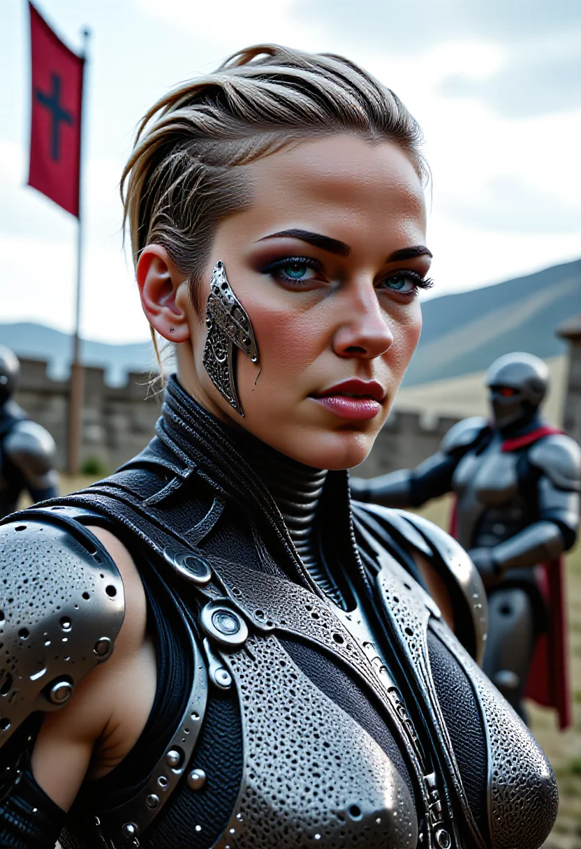 A striking commander 40-year-old cybernetic woman with augments, with short, tousled blonde hair and piercing grey eyes. She wears a meticulously crafted futuristic chainmail that contours her muscular build and slim-toned figure. Her thin eyebrows and thicker lips give her an intense and captivating expression. She dons fingerless gauntlets, ready for action. The setting is a medieval fortress, with banners fluttering in the wind and the sound of clashing swords in the background. The lighting is dramatic, highlighting her strong features and the gleam of her chainmail.
, detailed photorealism style,