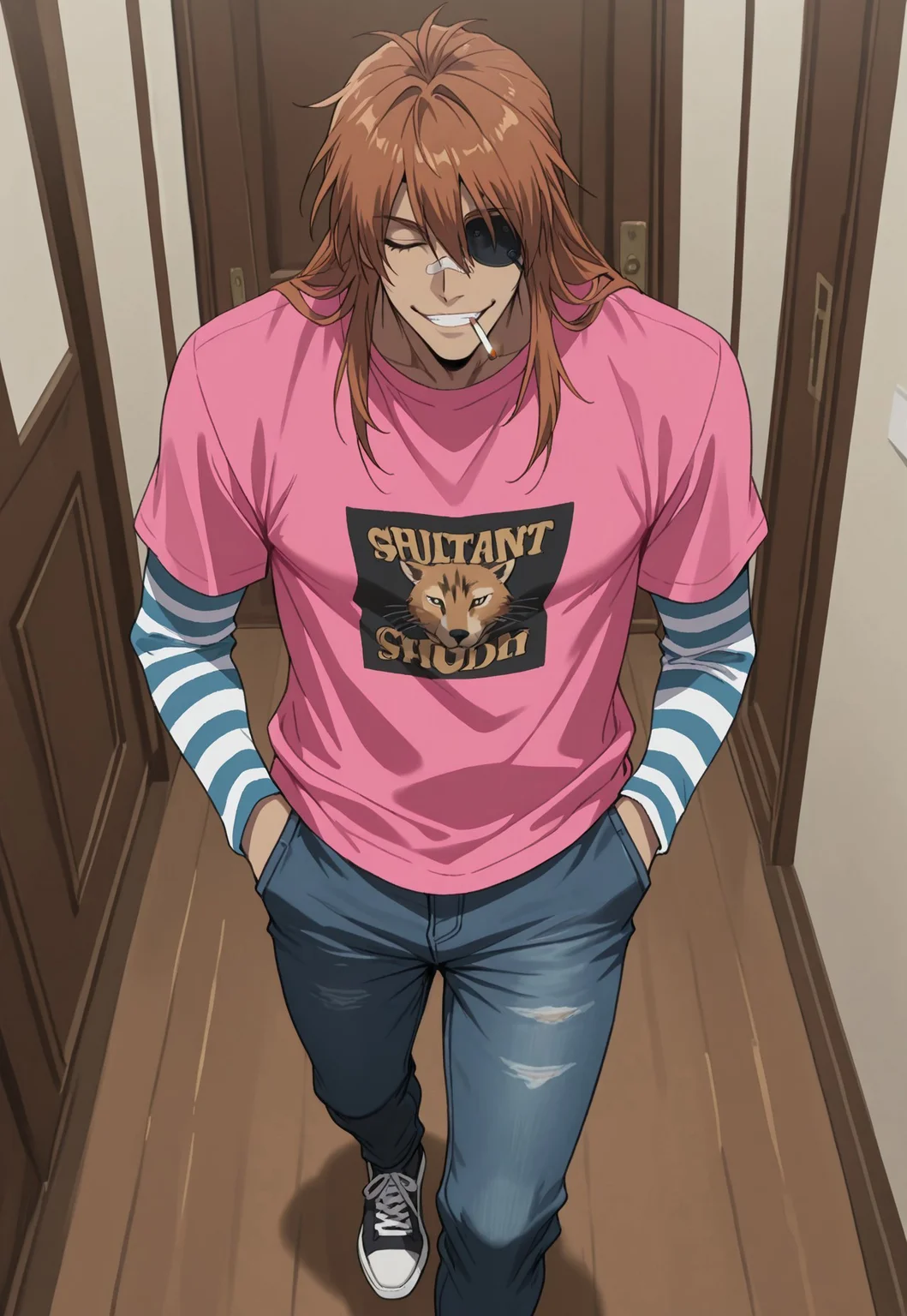 masterpiece, best quality, amazing quality, very aesthetic, absurdres, PipBernadotte, 1boy, solo, male focus, orange hair, long hair, dark skin, closed eyes, black eyepatch, bandaid on nose, PinkPip, official alternate costume, pink shirt, print shirt, short over long sleeves, layered sleeves, diagonal-striped shirt, blue stripes, jeans, sneakers, indoors, grin, walking, hands in pockets, cigarette, mouth hold, perspective