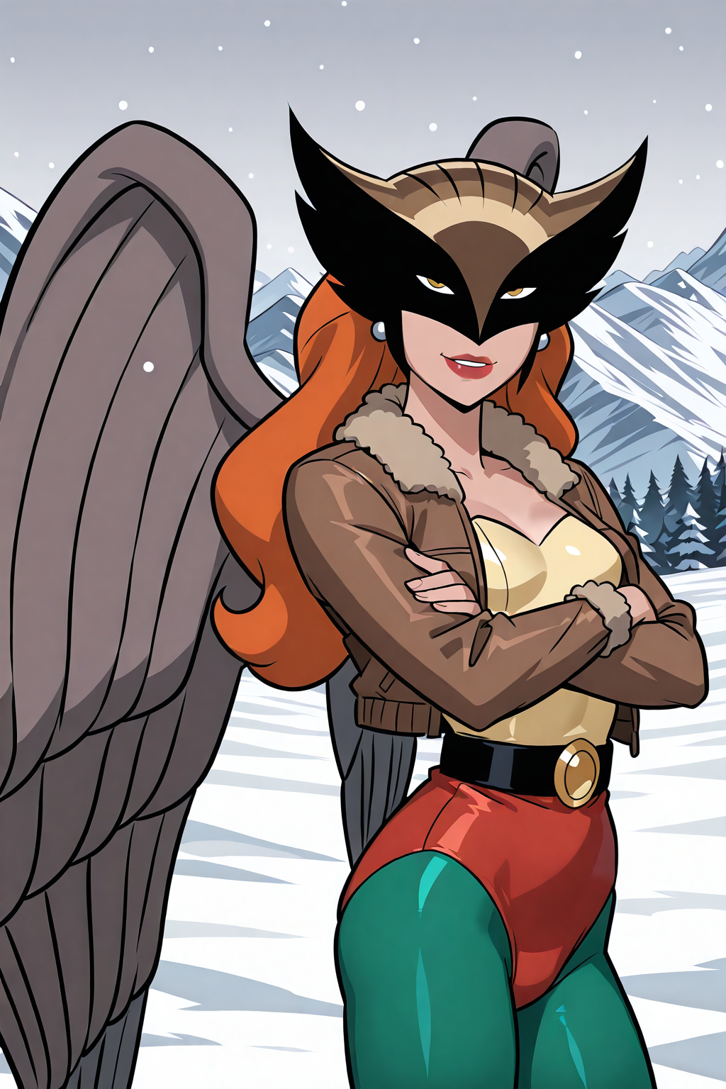 ((parody), perfect anatomy, perfect eyes, cowboy shot, facing viewer) BREAK <lora:HawkgirlIL:1> shayera hol, wings, long hair, orange hair, lipstick, naughty eyes, sultry face, half-closed eyes, ((looking at viewer)), mask, earrings, brown jacket, yellow-trimmed jacket, belt, leotard, green pantyhose, arched back, crossed arms, teasing viewer, snow, mountain, outdoors