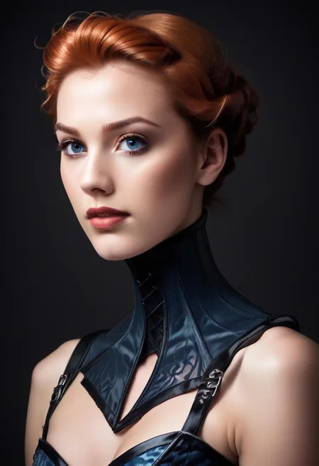 score_9, score_8_up, score_7_up, rating_safe, 
concept art, realistic, dark theme, low light, 1girl, solo.
Ginger hair, Blue eyes.
Neckcorset.