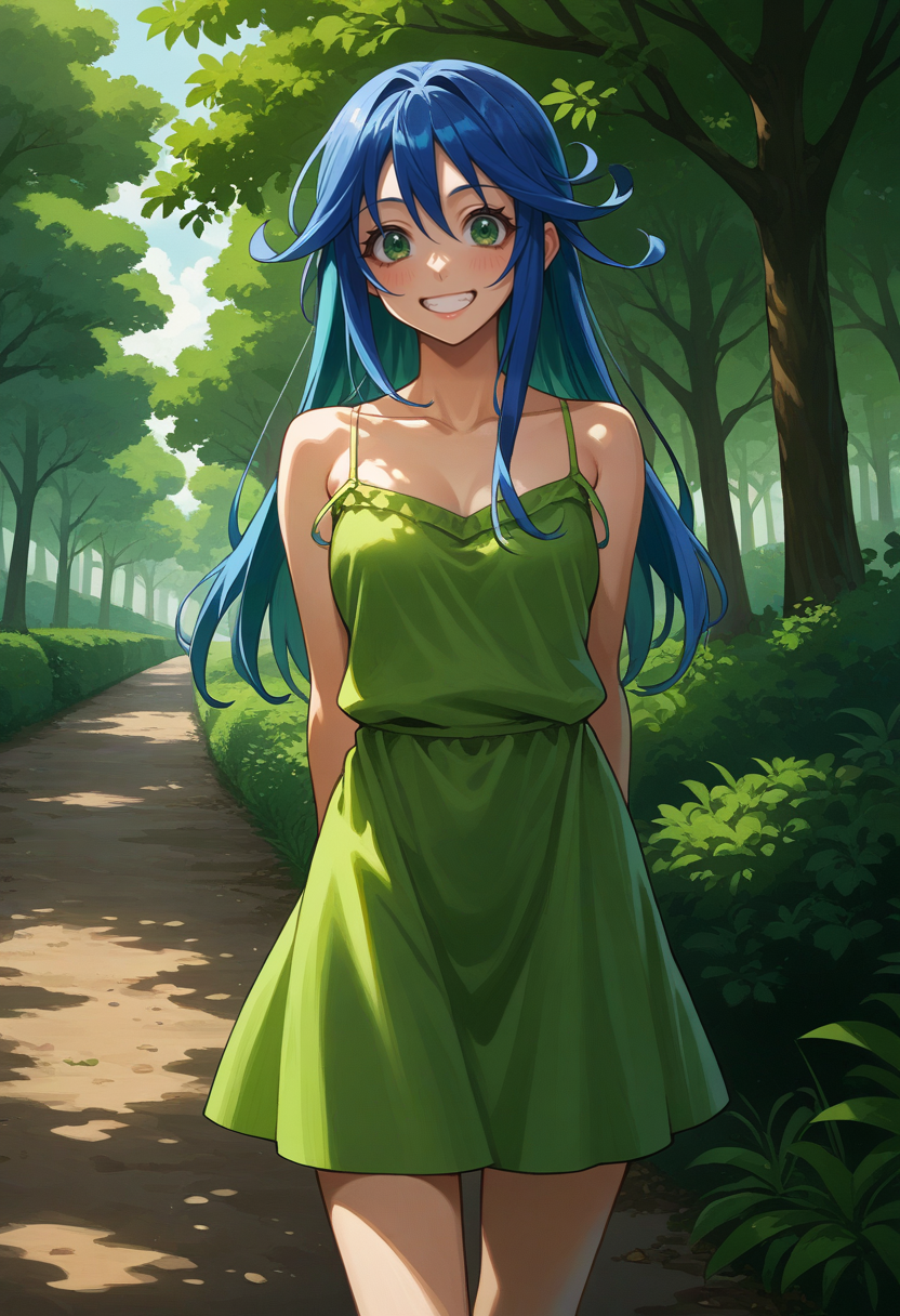 score_9, score_7_up, source_anime, BREAK <lora:AELime:0.8> AELime, blue hair, green eyes, long hair, green tree, outdoors, grin, arms behind back, leaning to the side, sleeveless dress, spaghetti strap,