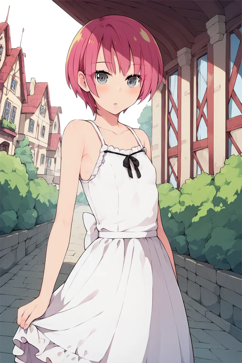 score_9, score_8_up, score_7_up, source_anime , 1girl ,  intricate details, highly detailed background, intricate details, highly detailed background, masterpiece, high quality, prefect hands, best quality,  masterpiece, high quality, prefect hands, best quality , small breast , blush , outdoor ,  town , standing   ,looking at viewer, cowboy shot, dutch angle, solo  , 
   , <lora:DetailedEyes_V3:1> <lora:tweak-detail-xl:1>  
,MizukiPN , 1girl , gray eyes , pink hair , short hair , small breast ,   <lora:Suzushiro_Mizuki_Boku_Girl:1> , white dresses , sleeveless , sundresses , armpits ,