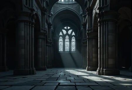 A vast cathedral with towering arches and broken stained glass, moonlight streaming onto the cracked stone floor. bv-daraca<lora:bv-dark-academia-v1.safetensors:1.0:1.0>